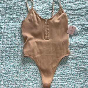 One-Piece Ribbed Tank Bodysuit in Tan nude size s/m